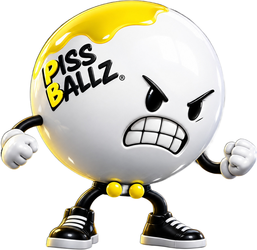 Ballz, the Piss Ballz pet: a glossy white ball with a yellow splat down its head, gritted teeth, white fists and black sneakers.