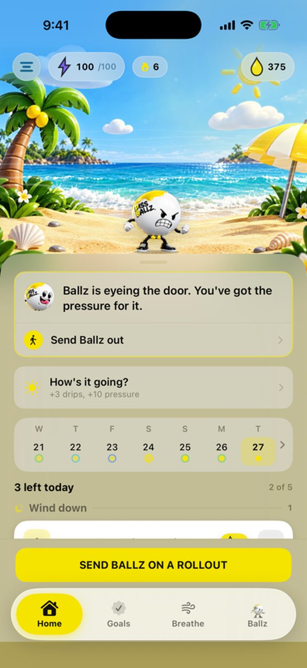 The home screen: Ballz standing on a beach with its Pressure and Drips counters above the day's goals.