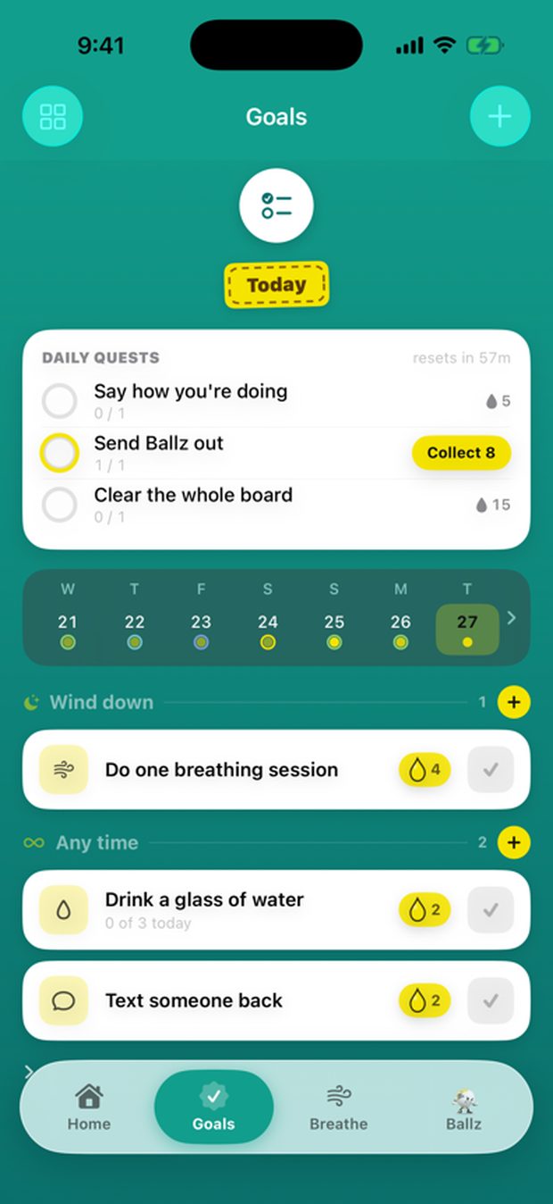 The goals screen, showing the day's quests and a handful of small goals with their rewards.