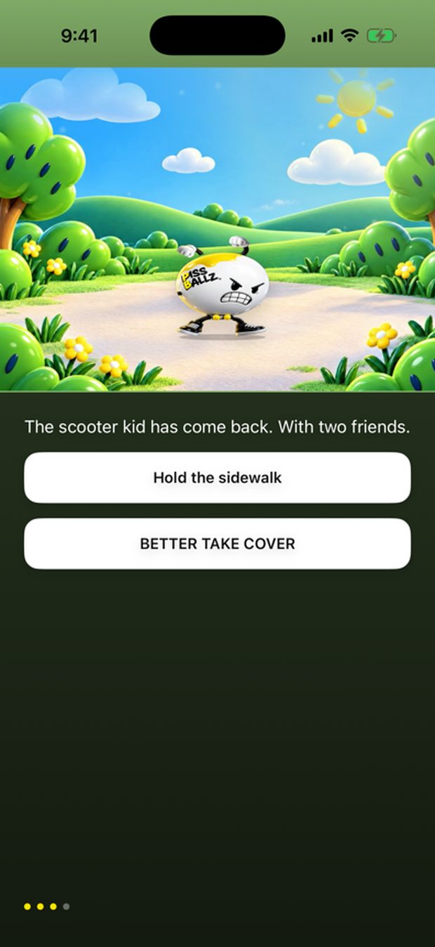 A choice mid-Rollout: the scooter kid came back with two friends, and the options are Hold the sidewalk or BETTER TAKE COVER.